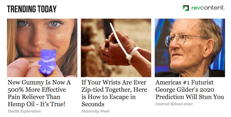 A grid of three native ads that look like news articles. One ad is selling CBD gummies, another is a clickbait story, and the last is trying to sell financial advice.