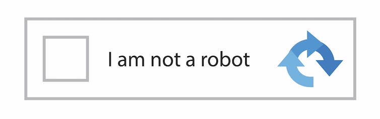 A typical 'captcha' message featuring a square on the left, the words 'I am not a robot' in the middle and three interconnected curved arrows forming a semicircle