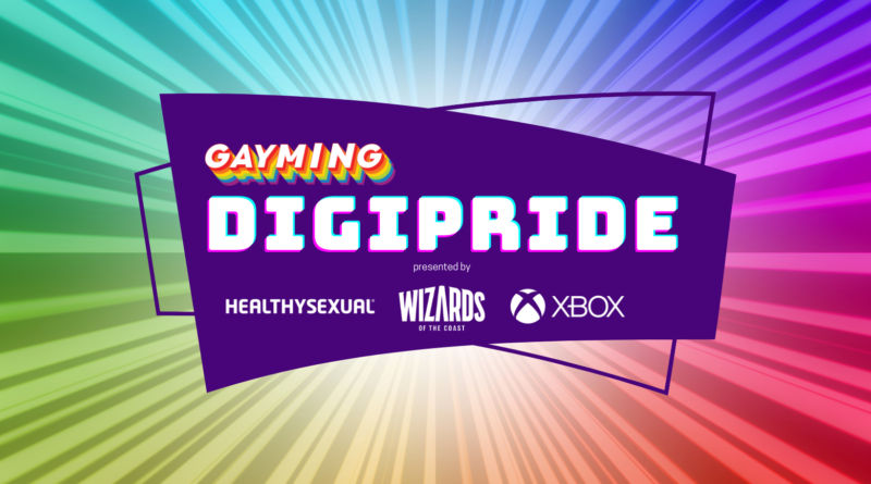 Large text "‘Gayming DIGIPRIDE sponsored by Xbox, Wizards of the Coast and HealthySexual’, in a purple rectangle. Behind rays of rainbow coloured beams.