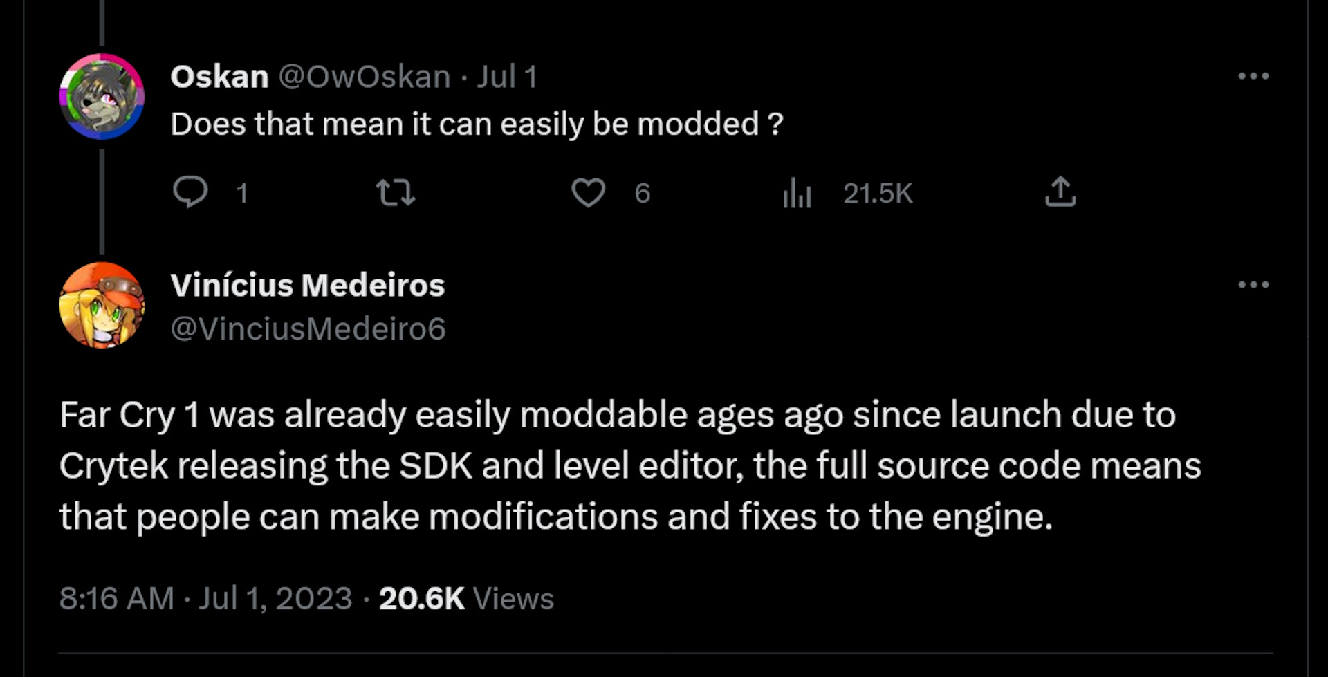 Far Cry 1 was already easily moddable ages ago since launch due to Crytek releasing the SDK and level editor, the full source code means that people can make modifications and fixes to the engine.