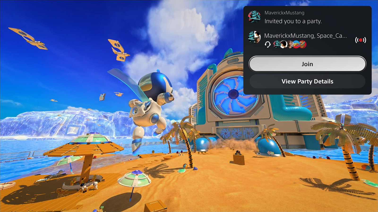 PS5 UI screenshot showing a party invitation during gameplay of Astro's Playroom.