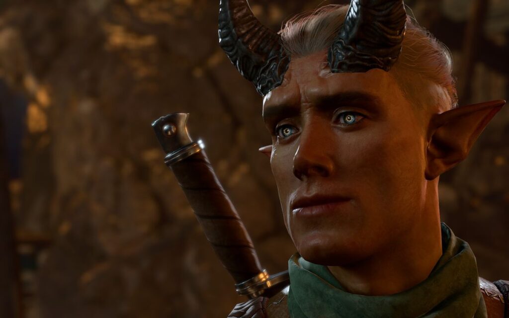 A close up of Dammon the tiefling in Baldur