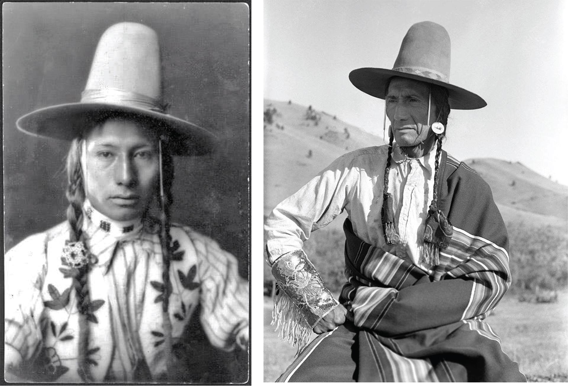 Kaylene Big Knife’s Great-Grandpa Big Knife wearing a traditional hat, dress shirt, and cuffs displaying Chippewa Cree floral designs.