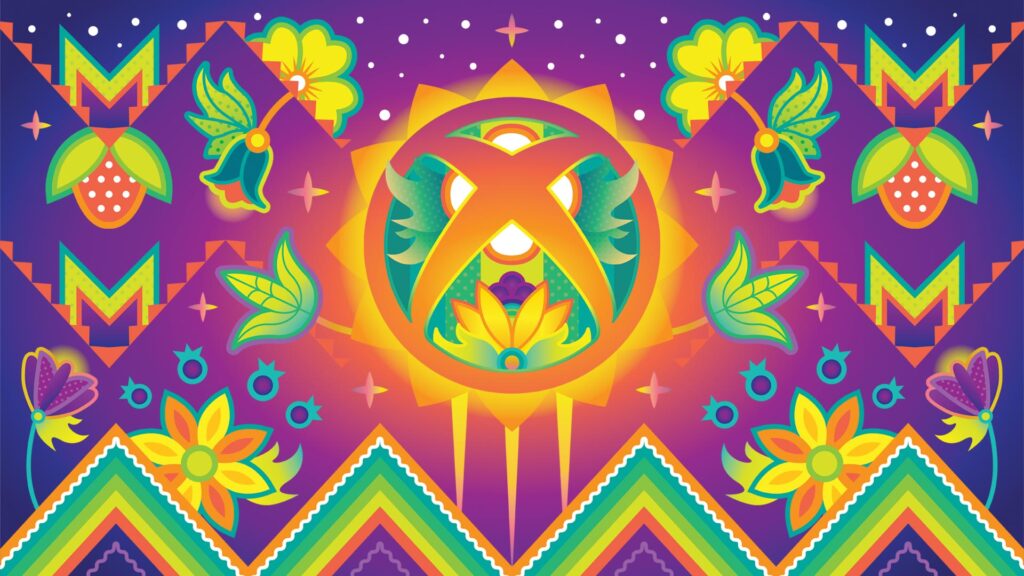 Chippewa Cree stylized Xbox logo with green, orange, and yellow flowers centered on the sun featuring a purple background with berries and colorful ribbons.