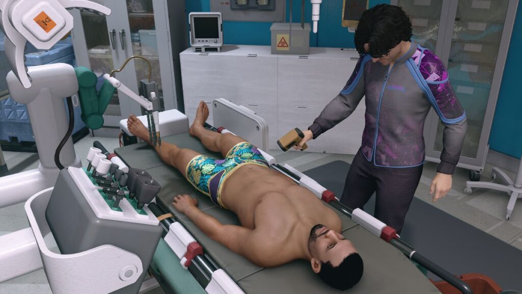 Man in bathing suit having his groin scanned by a medical professional in the future