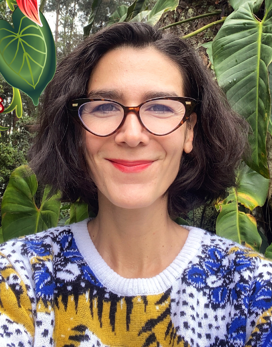 Portrait of artist Catalina Estrada with a botanical rainforest background.