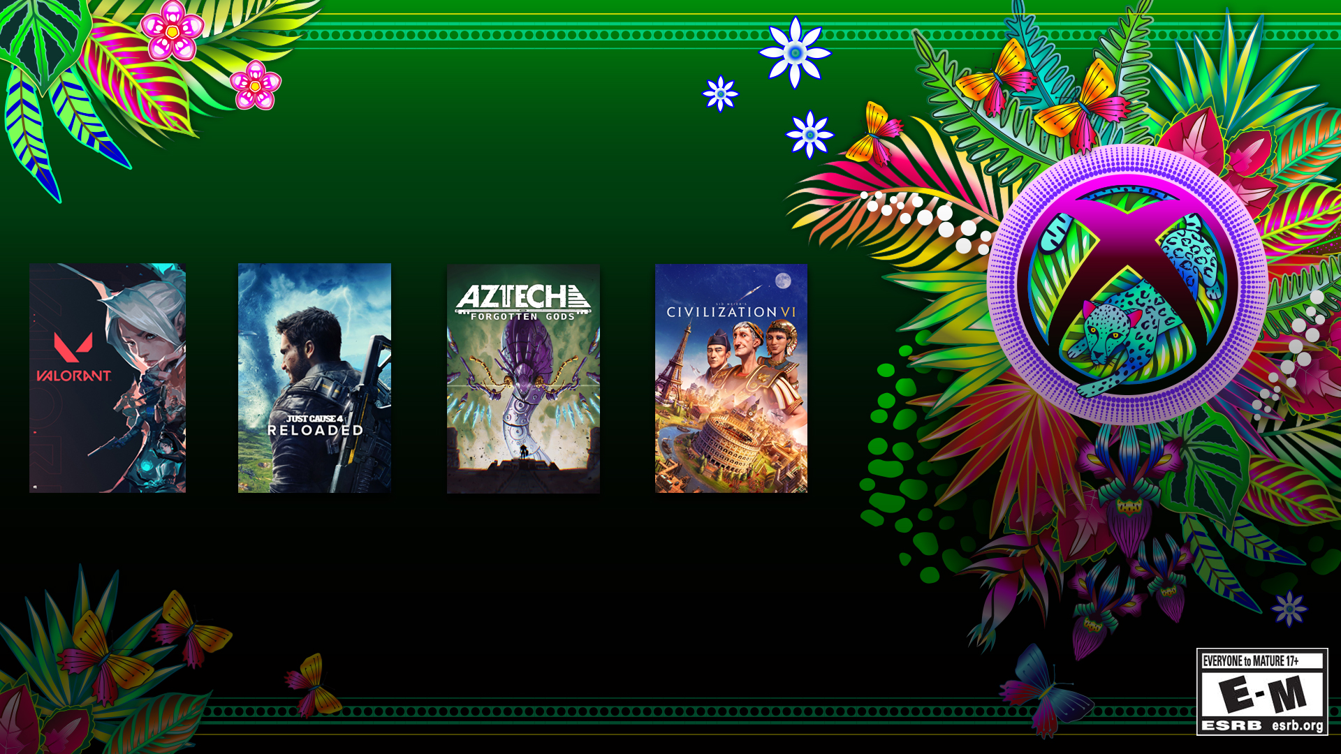 A compilation image with game box art for Valorant, Just Cause 4: Reloaded, Aztech: Forgotten Gods, and Sid Meier’s Civilization VI including the stylized Xbox logo featuring a jaguar on a background of colorful rainforest botanicals and butterflies.