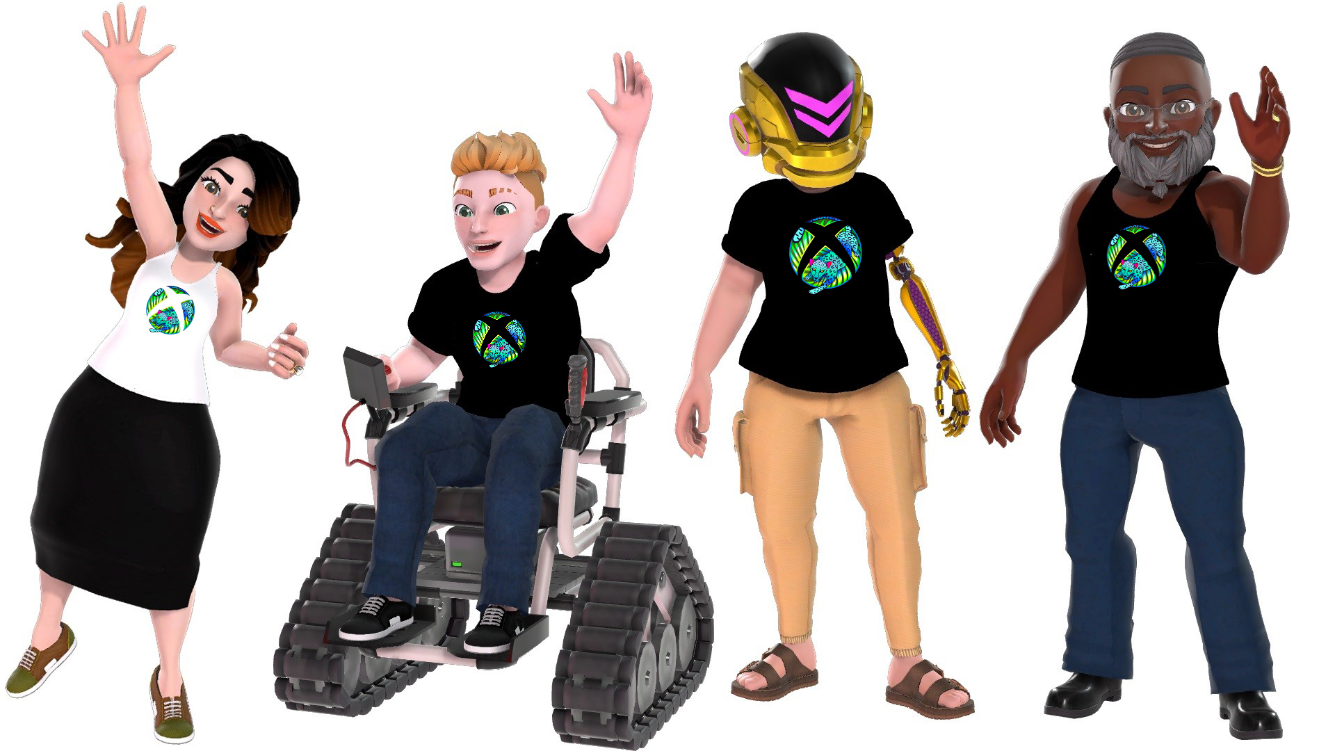 Four avatars displaying on their tops the stylized Xbox logo with a jaguar and rainforest botanicals.