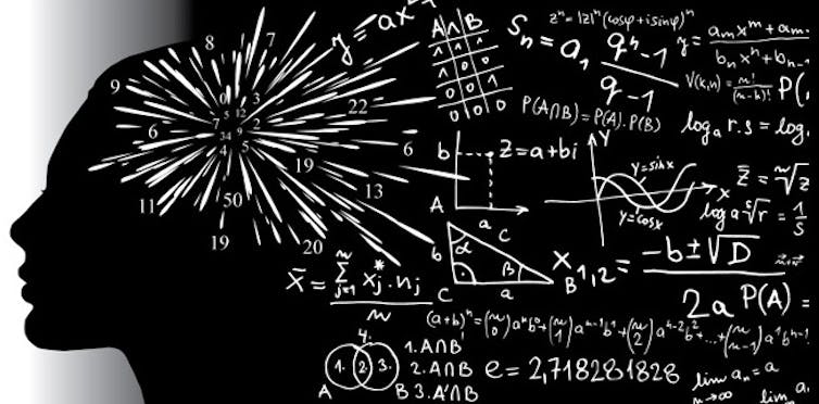 silhouette of a head with lots of math notations exploding out