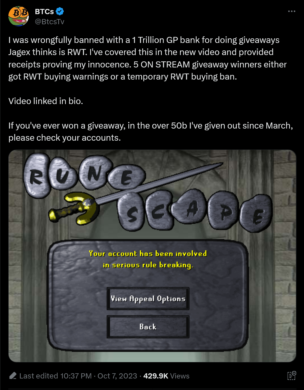 I was wrongfully banned with a 1 Trillion GP bank for doing giveaways Jagex thinks is RWT. I've covered this in the new video and provided receipts proving my innocence. 5 ON STREAM giveaway winners either got RWT buying warnings or a temporary RWT buying ban.    Video linked in bio.  If you've ever won a giveaway, in the over 50b I've given out since March, please check your accounts.