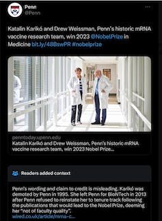 text above and below a photo of two people in lab coats standing in a hallway