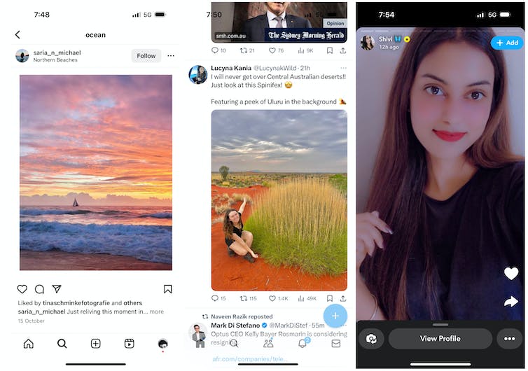 Screenshots from Instagram, X, and Snapchat, showing photos with a vertical orientation or portrait aspect ratio.