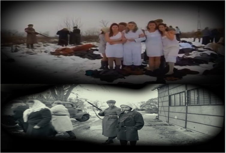 Split screen: women in white, two people in coats.