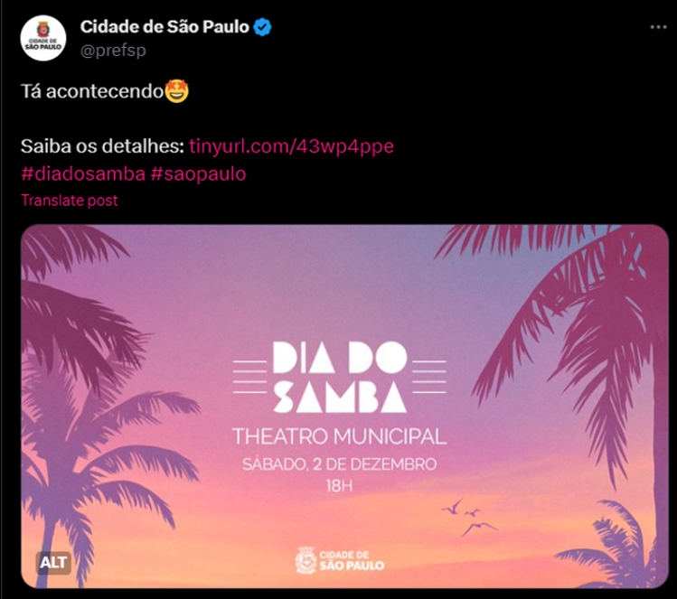 Cidade de São Paulo announcing Samba Day GTA 6 style.