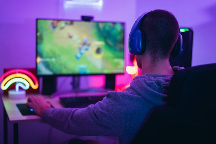 A young man sitting at a computer playing a video game.