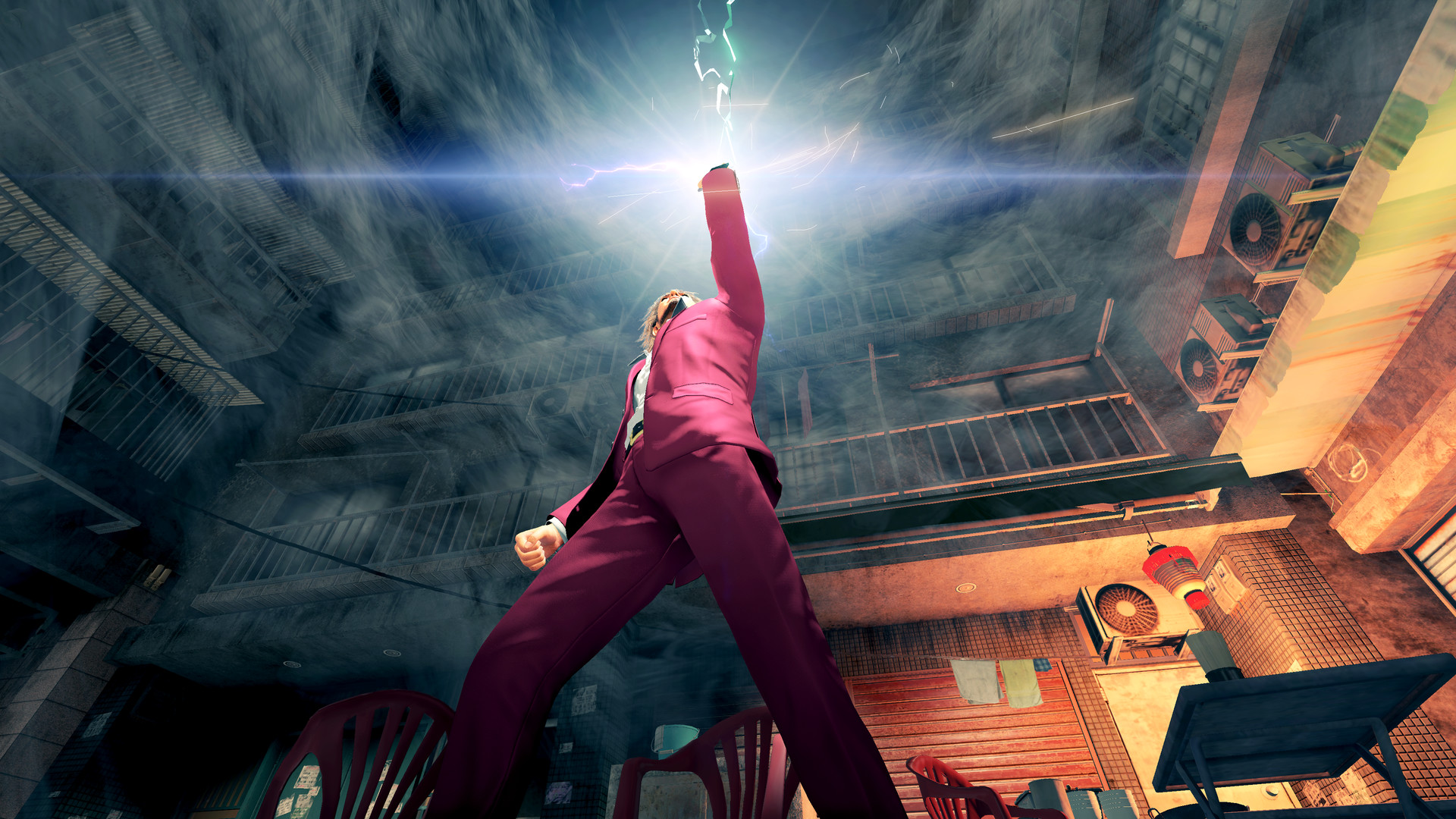 Best JRPGs - Lightning strikes Ichiban's upraised fist in Yakuza: Like a Dragon