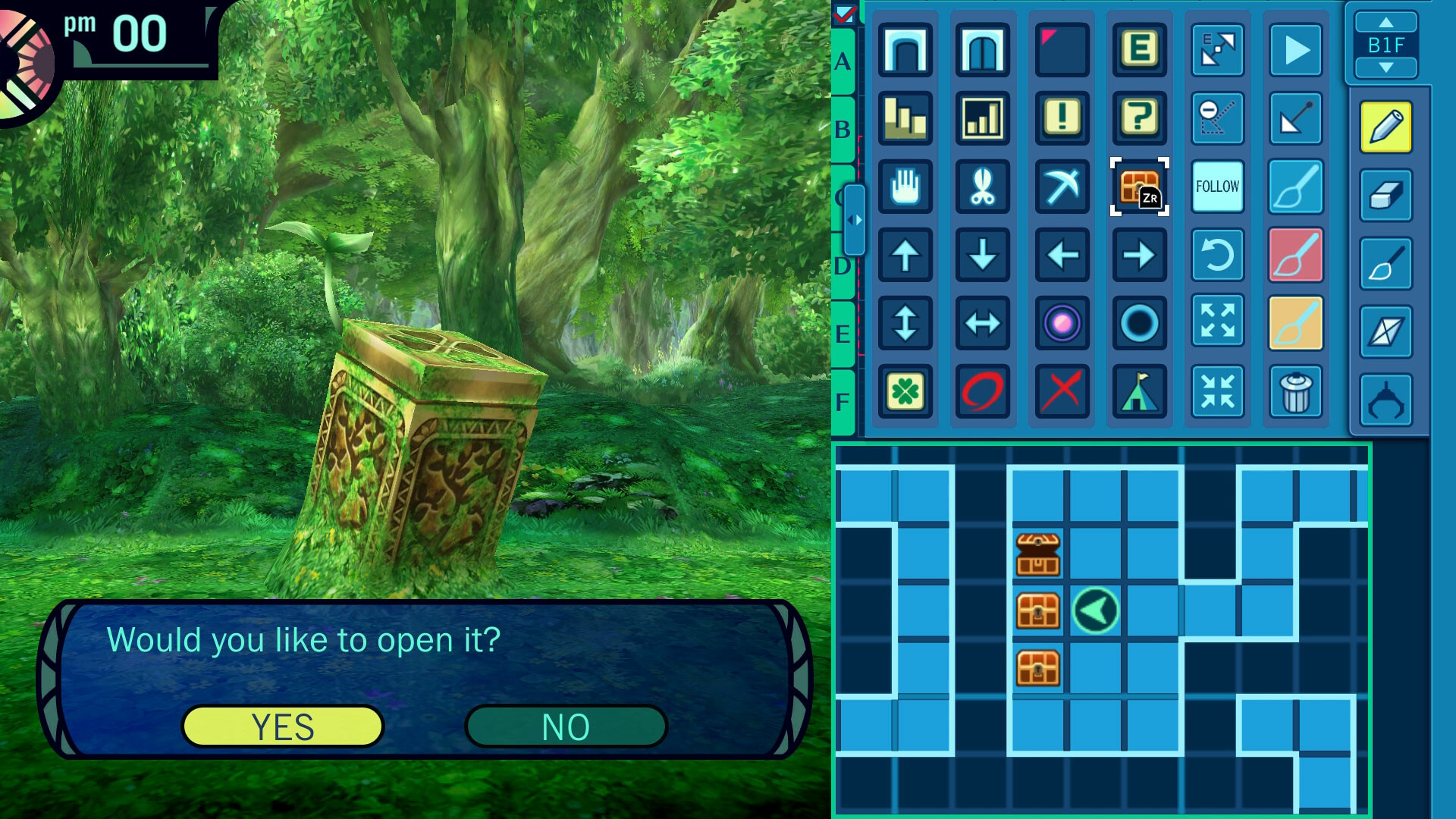 Best JRPGs - The player considers whether to open a chest in a woodland dungeon in Etrian Odyssey HD.