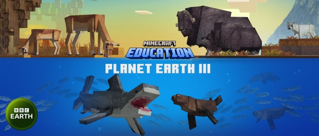 The kay art for the Planet Earth III DLC. It's divided in two parts; the top half shows an impala and two oxen. The lower half shows a shark and a seal swimming underwater.