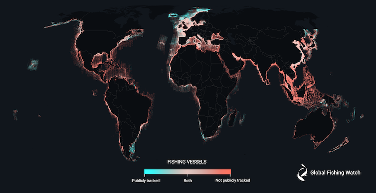 A world map shows large areas where industrial fishing activity is not publicly tracked or recorded.