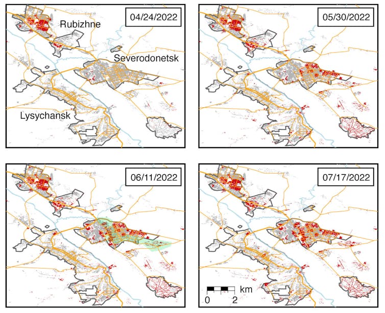 four maps of a set of three cities with increasing amounts of the buidlings marked in red