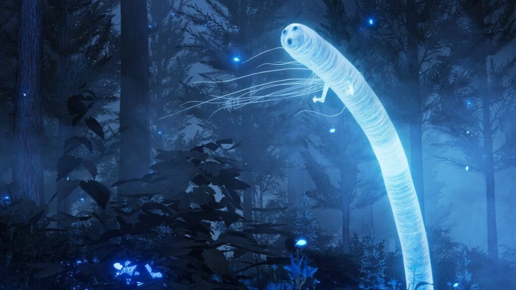 Glowing ethereal worm with simple surprised face and tiny hands in shrouded blue forest