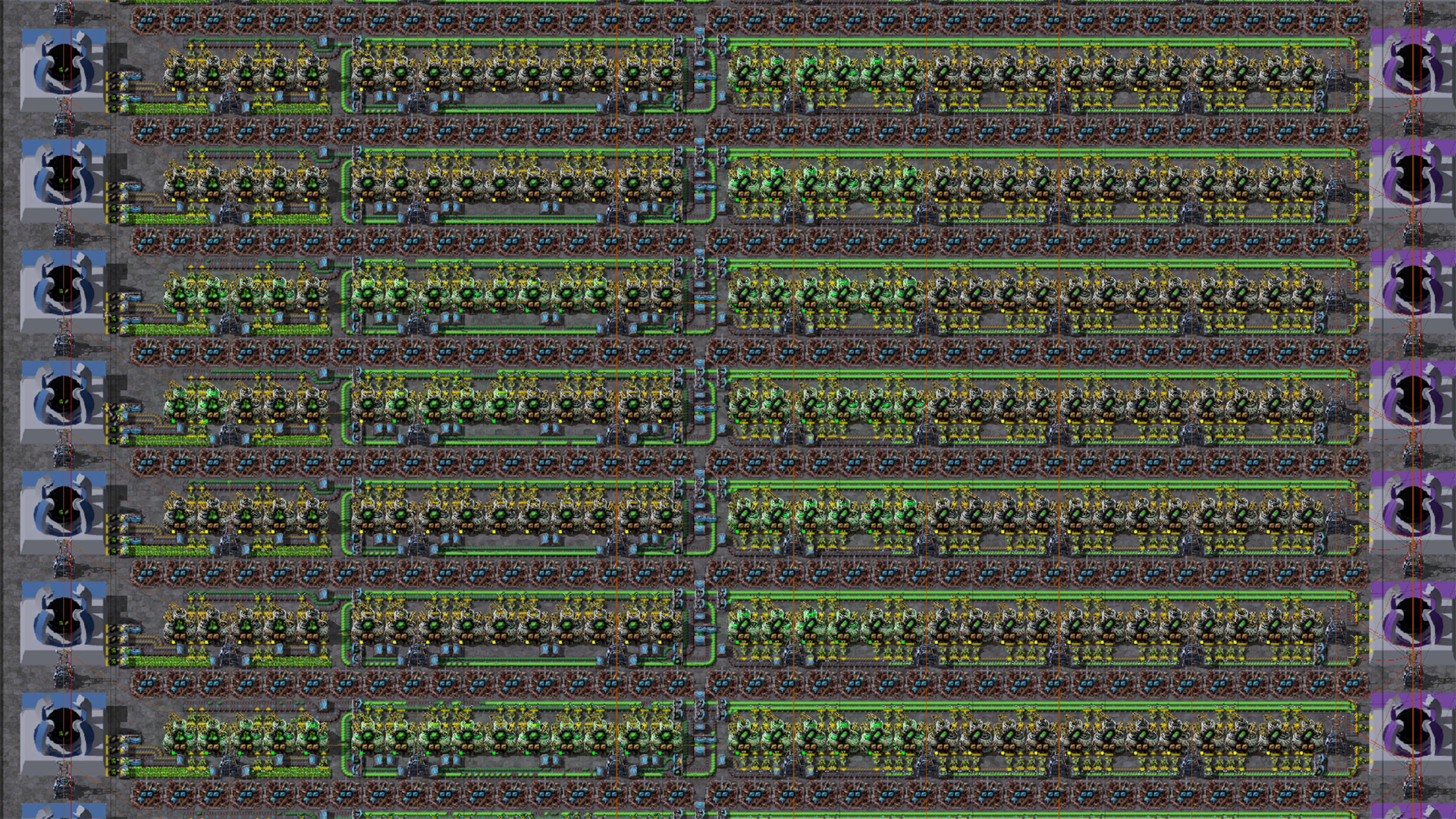 Factorio screenshot of rows and rows of machines