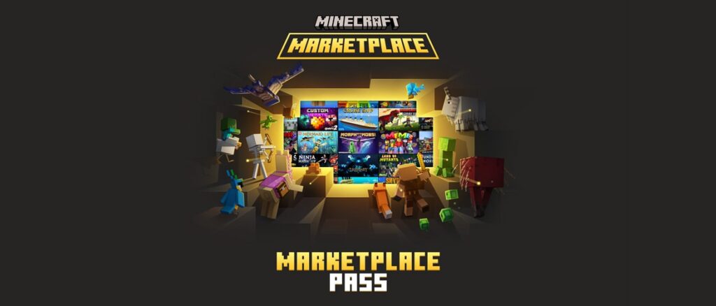 Several mobs looking into a portal into Minecraft Marketplace with lots of DLCs with Marketplace Pass written below