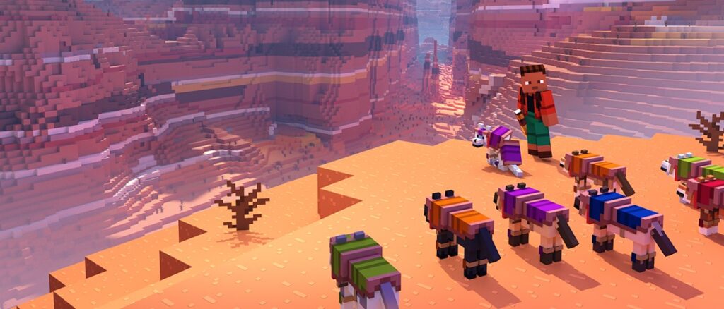 A Minecraft player character standing at the edge of a ravine, accompanied by 8 wolves.