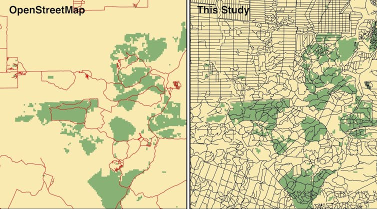 maps of northeast borneo, one using openstreetmap database and the other with many more ghost roads added