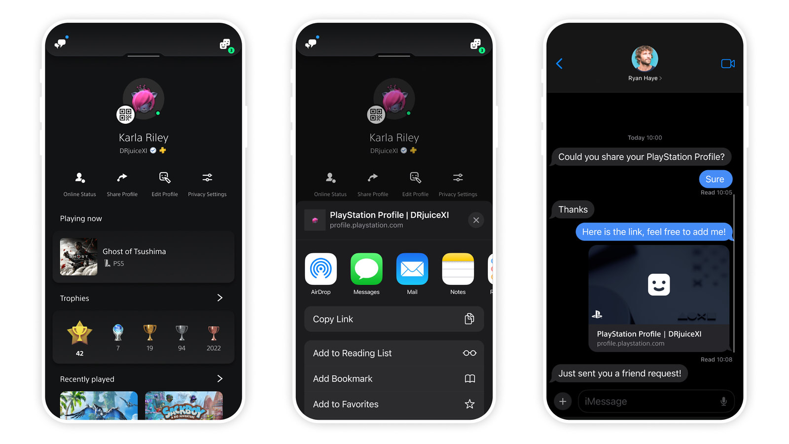 Images of the Profile Share feature on PlayStation App and mobile devices