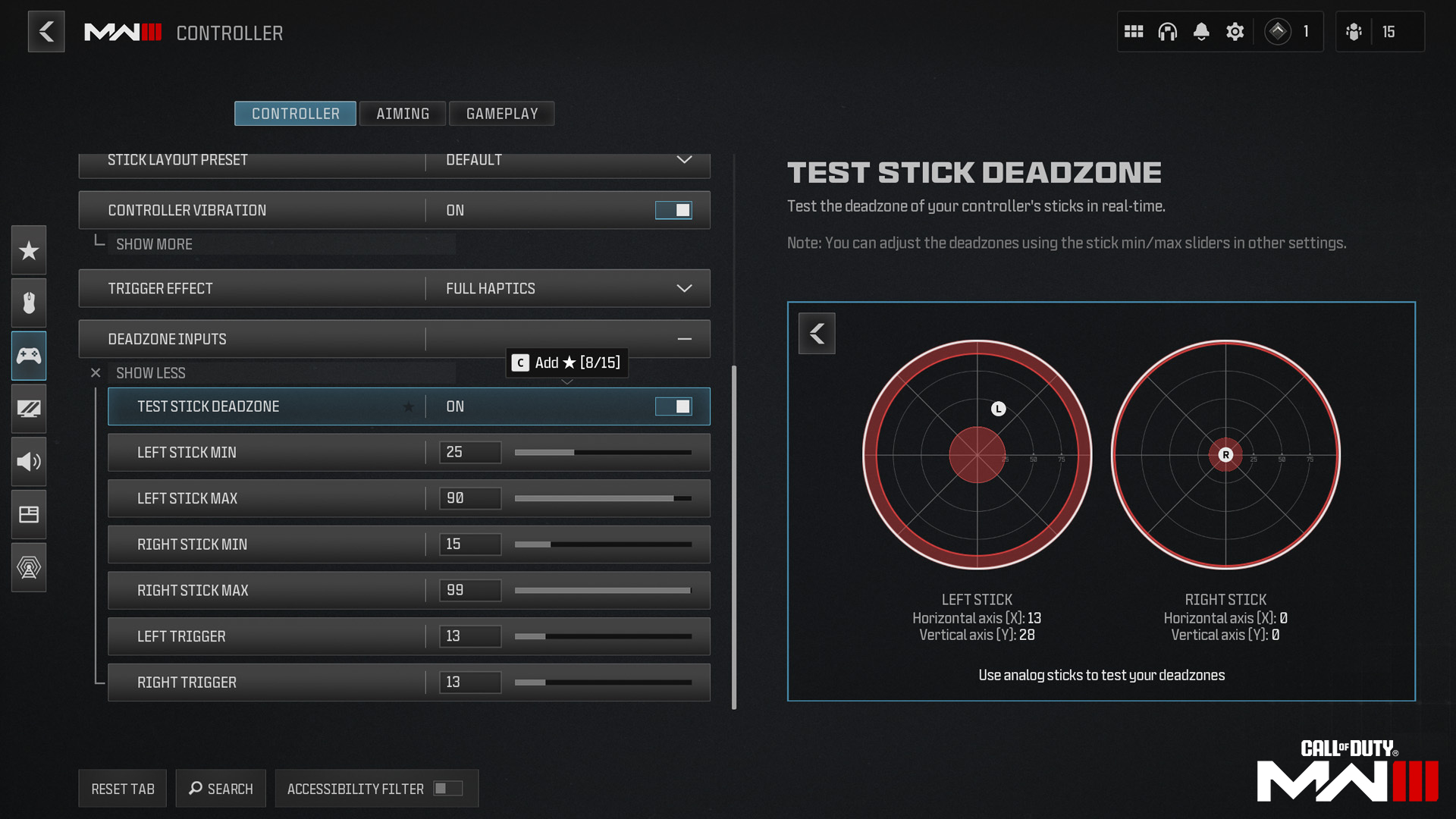 An updated accessibility menu in Call of Duty: Modern Warfare III, detailing new customizable controller settings, including joystick deadzone inputs, adjustable left and right thumb stick and trigger options, and ability to turn controller vibrations on or off.