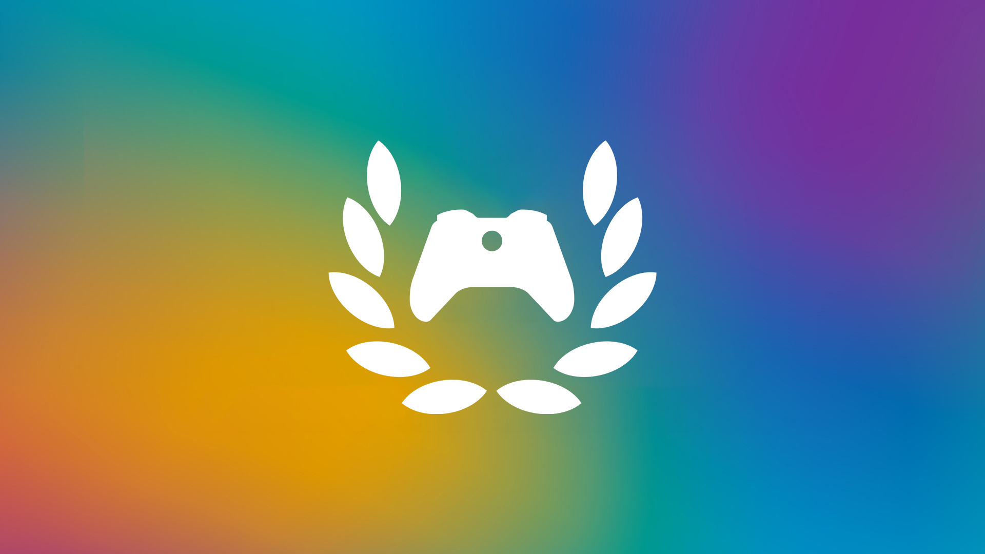 White Xbox controller icon with white laurels surrounding it layers over a blurred rainbow background.