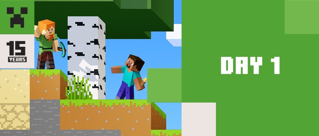 An image that's split in two horizontally. On the left side, we have Alex and Steve waving at each other. On the right, it's a green background with the text "DAY 1."