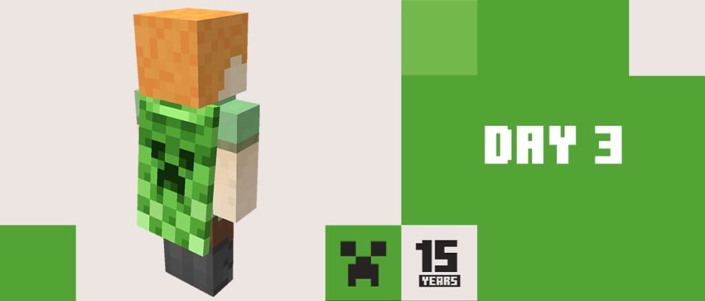 An image of Alex wearing a green cape with a creeper face on it and the words "DAY 3" next to it