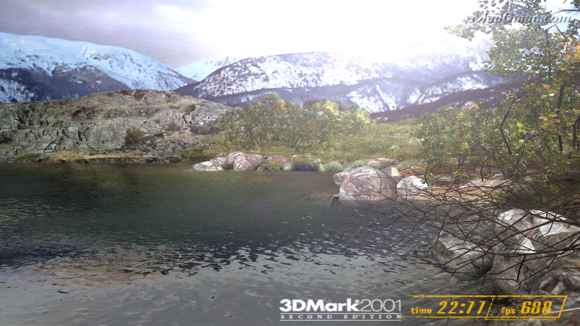 A screenshot of the Nature test in the 3DMark2001 benchmark tool