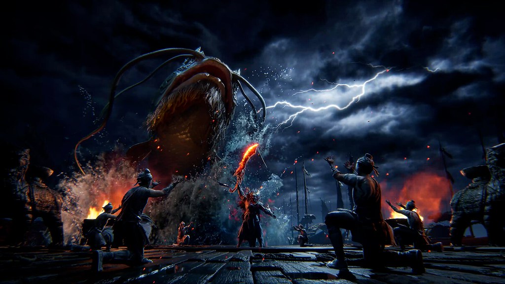 In this image, multiple figures bow down in front of a warrior wielding a blazingly hot blade. Behind them a huge fish breaches the water, while lightning cracks overhead.