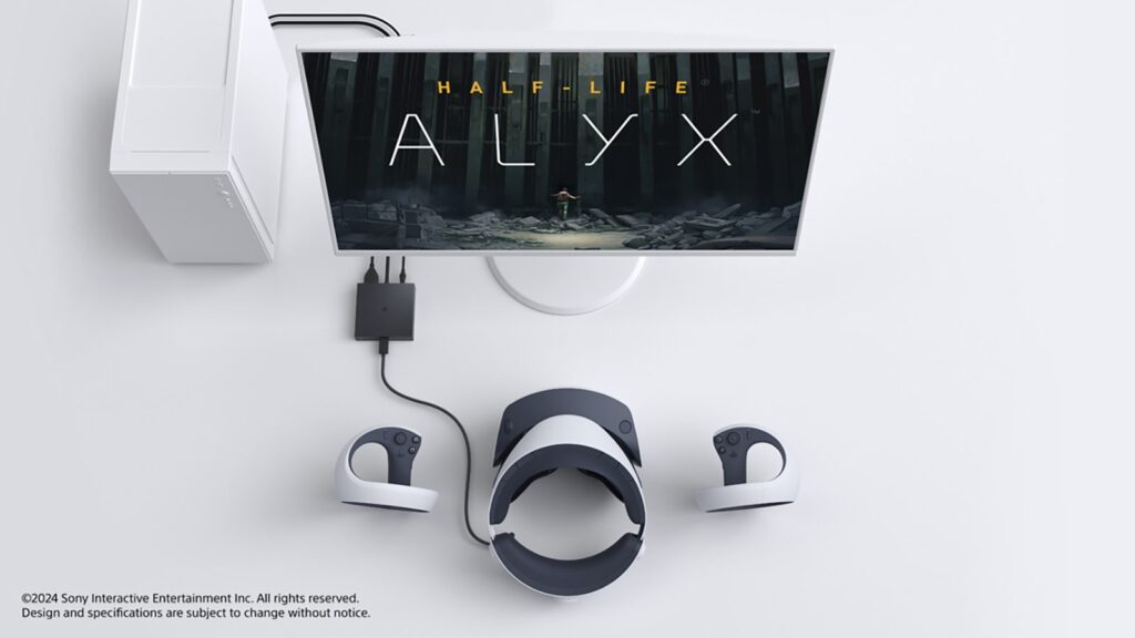 ALT-TEXTImage of the PlayStation VR2 PC adapter next to PS VR2 and a PC monitor displaying Half-Life: Alyx.