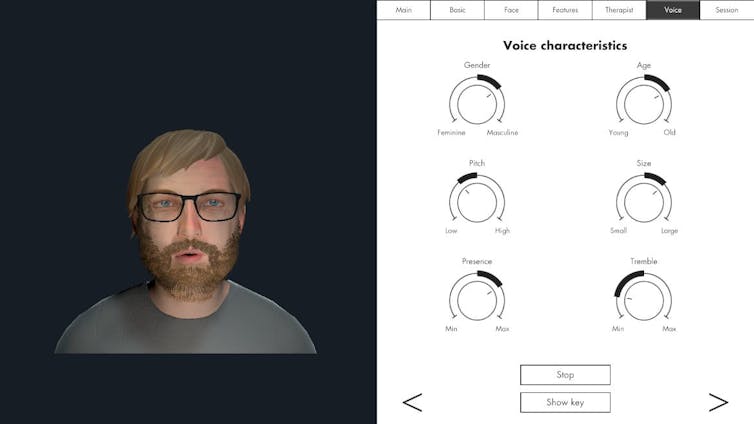 A digital image of a man's face with settings to right to shape voice characteristics