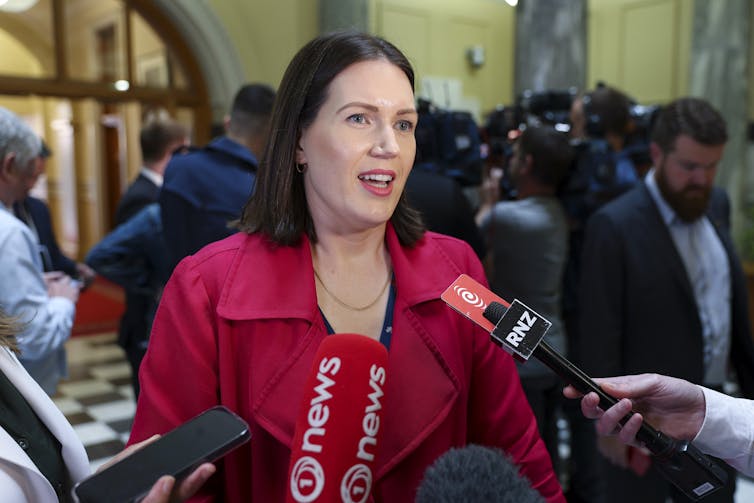 Brooke van Velden speaking to media in parliament