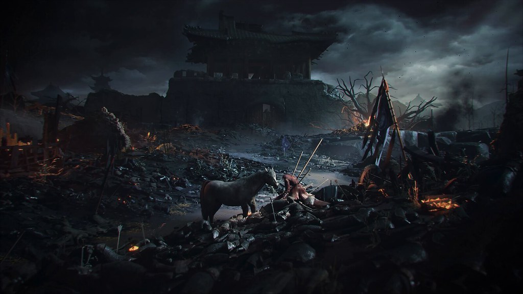 This image shows a blackened sky hangs over the ruins of a battlefield. Downed soldiers litter the ground. In their midst a red cloth-clad figure sits, pierced by multiple spears. An unsaddled horse stands at the figure’s front.