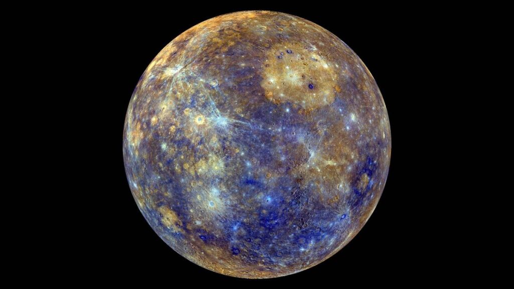 A false-color image of Mercury generated from images taken by the MESSENGER spacecraft to enhance "chemical, mineralogical, and physical differences between the rocks that make up Mercury