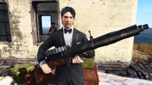 Man in tuxedo holding Lewis machine gun