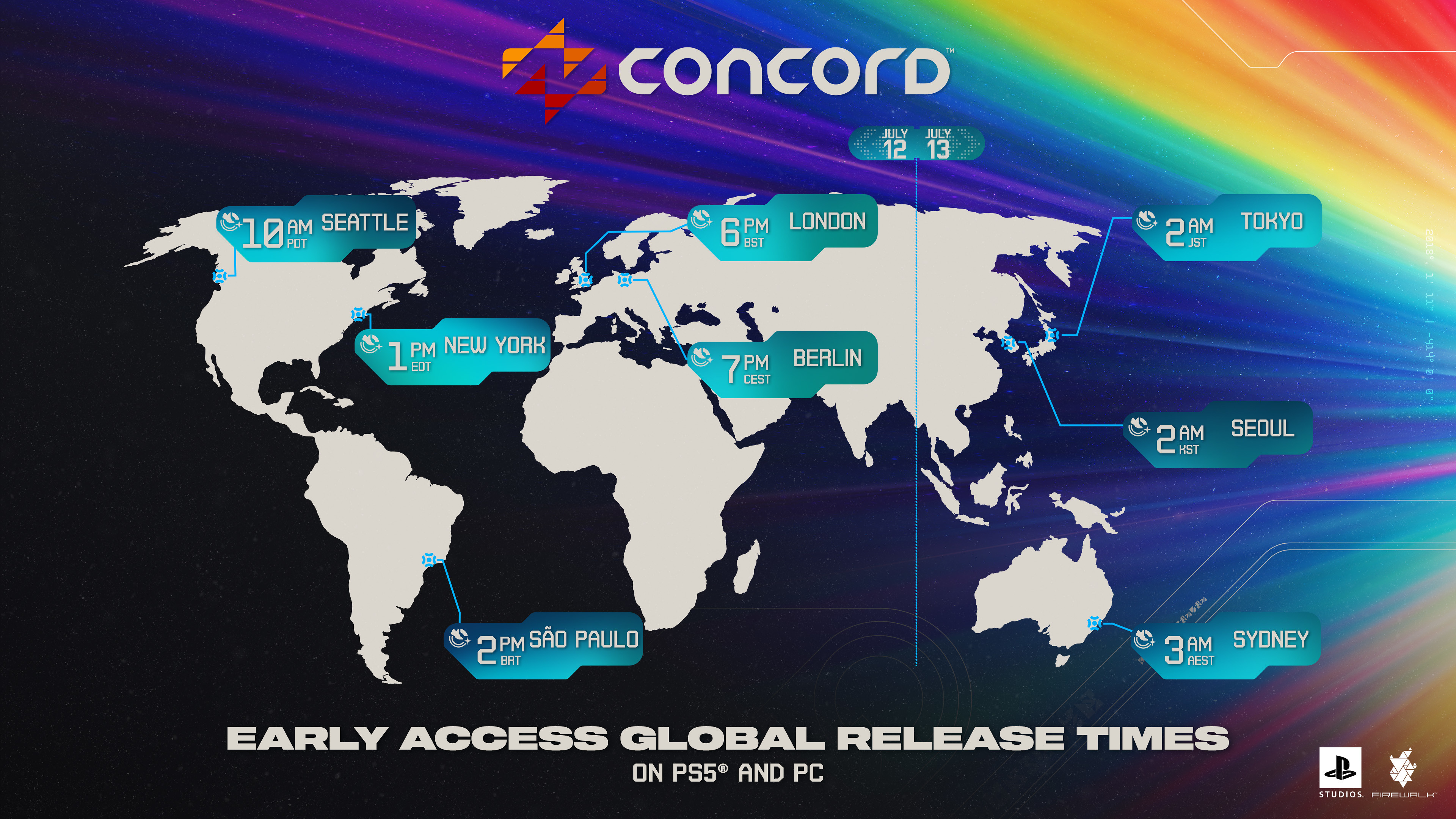 This image shows the global release times for Concord's Early Access beta for PS5 and PC:

July 12

10am PDT
1pm EDT
2pm BRT
6pm BST
7pm CEST

July 13 

2am JST
2am KST
3am AEST