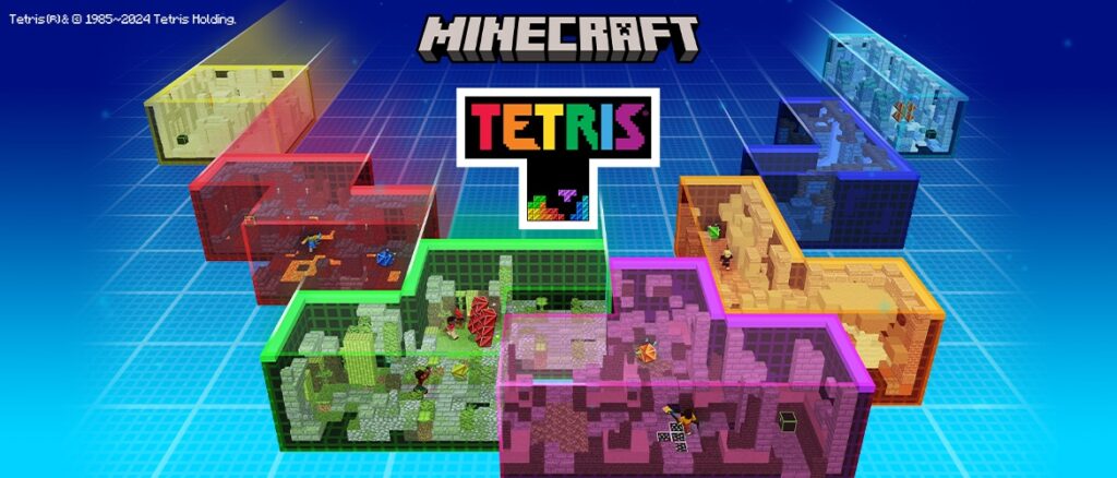 Transparent Tetris blocks with chambers of puzzles, traps, and rewards hidden within