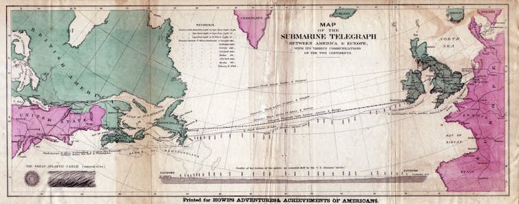 Undersea cables connecting Europe and America.