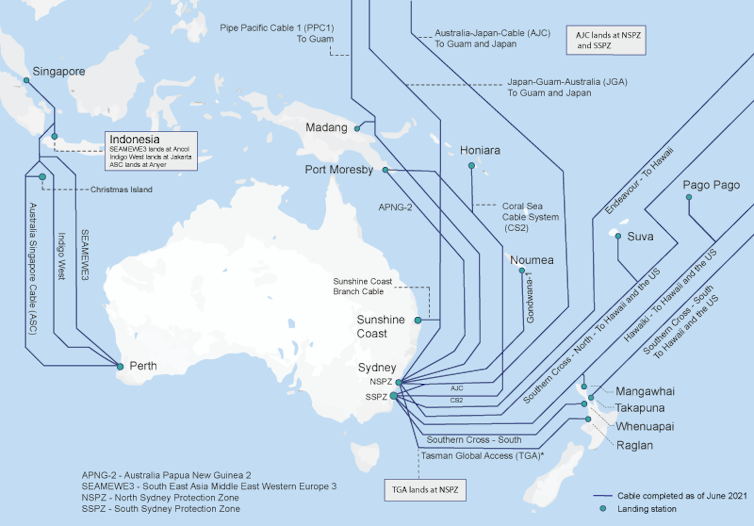 Map of undersea internet cables near Australia