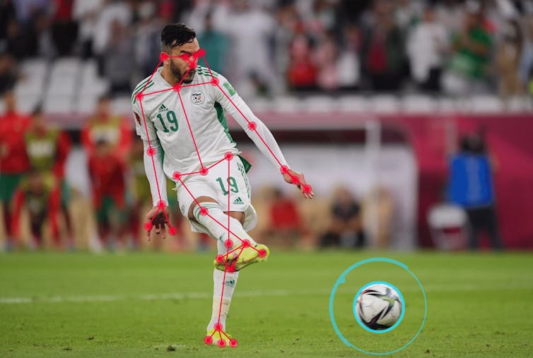 Photo of a soccer player marked up with an image-recognition diagram.