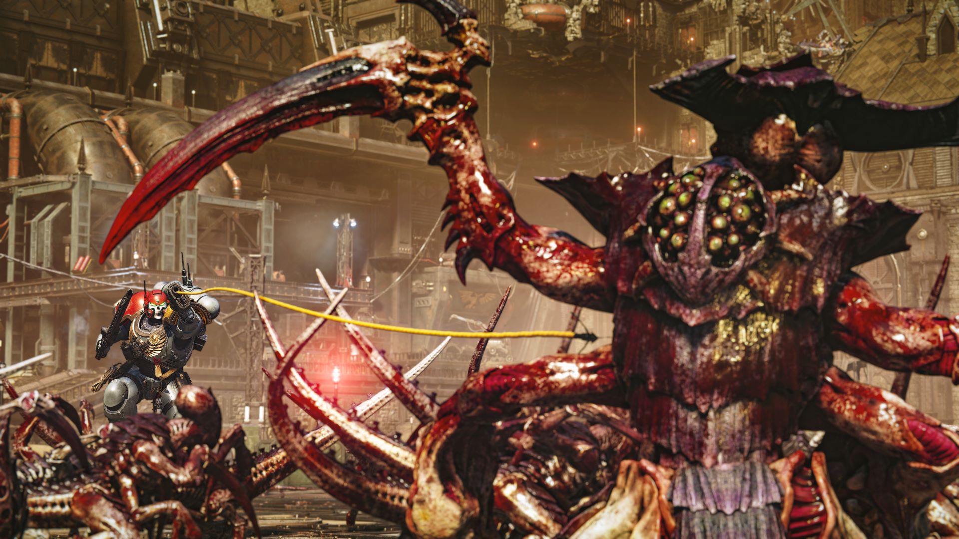 Screenshot from Space Marine 2 showing a Marine grapple towards an enemy