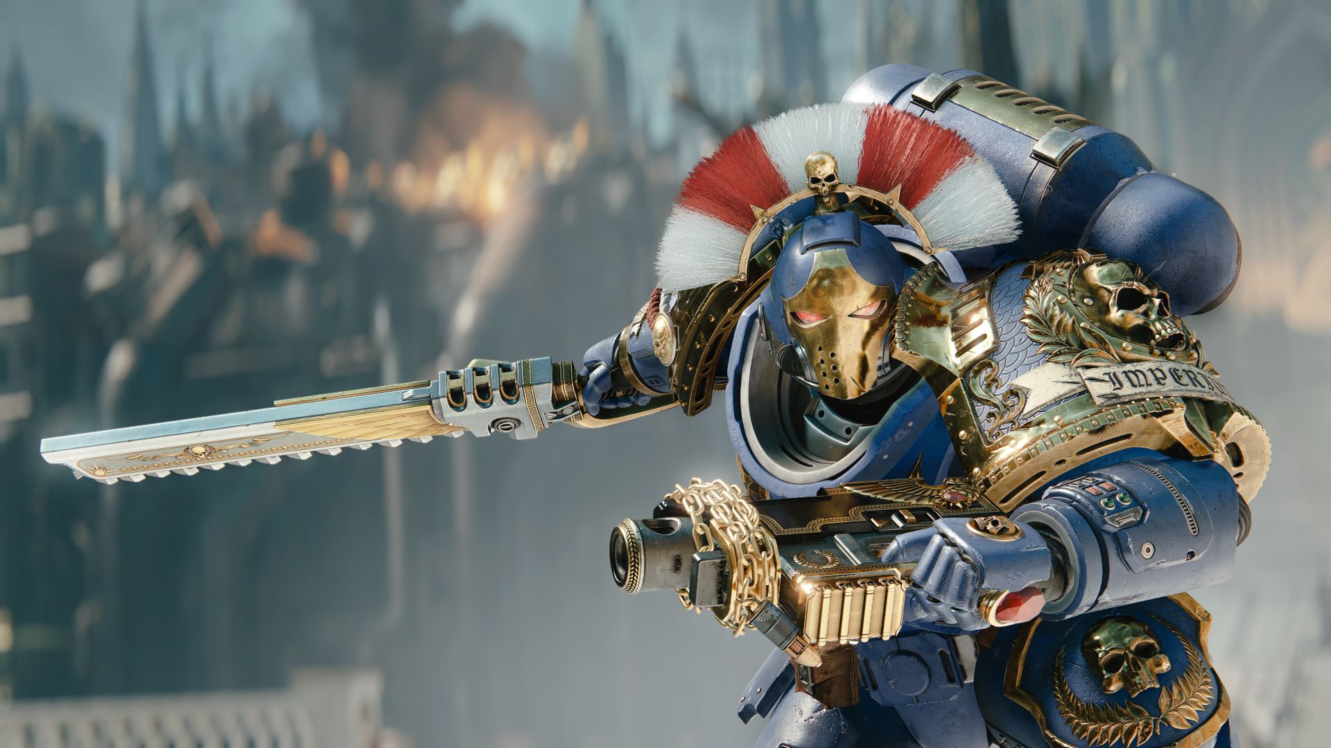 Screenshot from Space Marine 2 showing Marine holding a sword