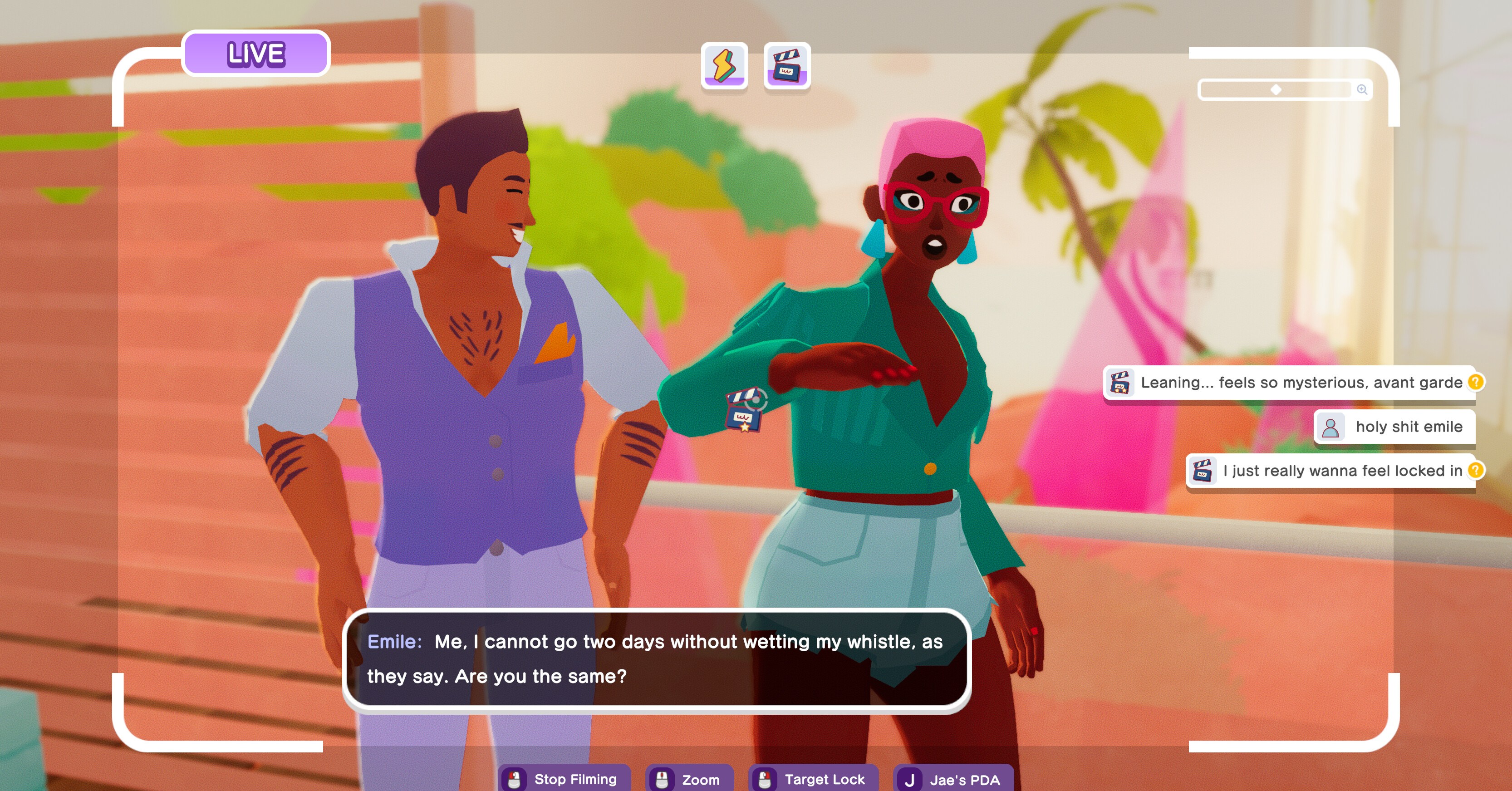 Two characters, one man with a purple open shirt and a woman with pink hair and red glasses, are being filmed in a screenshot for The Crush House.